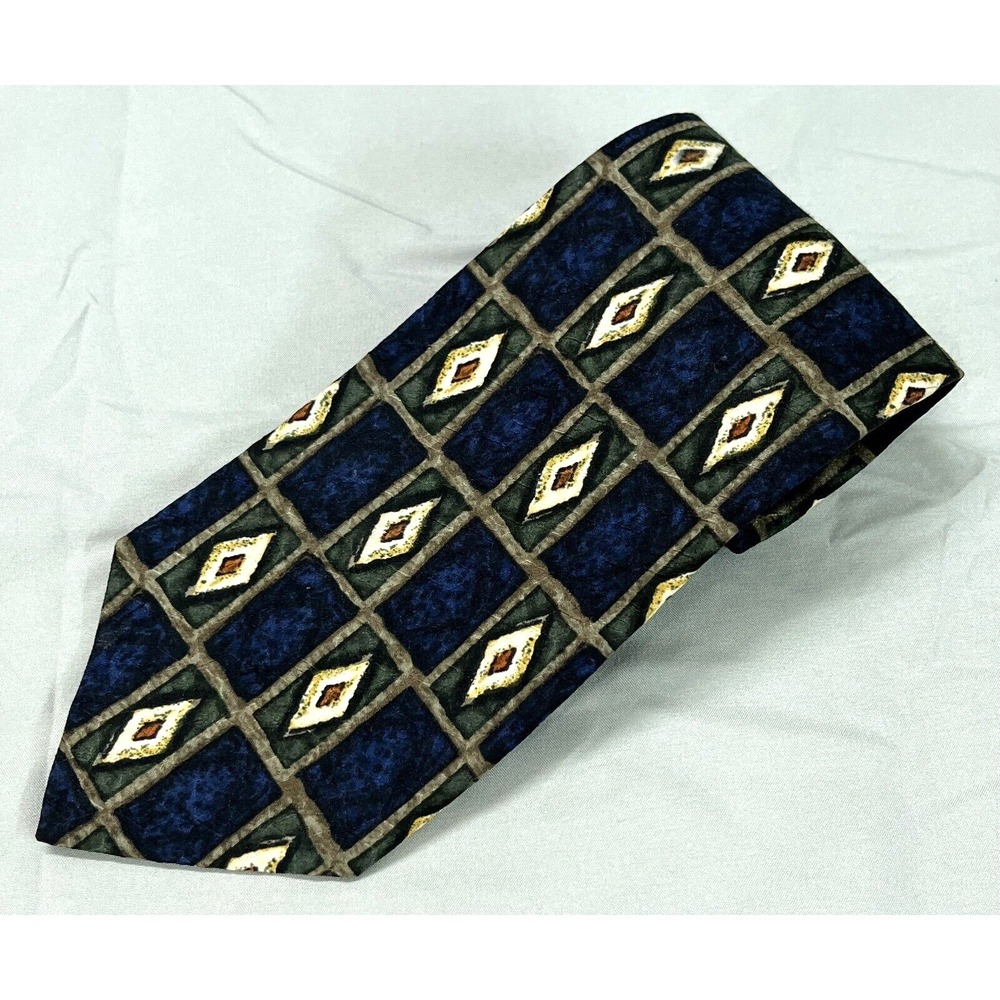 JZ RICHARDS Blue/Green DIAMONDS/SQUARES Hand Crafted 100% SILK Men's NECK TIE
